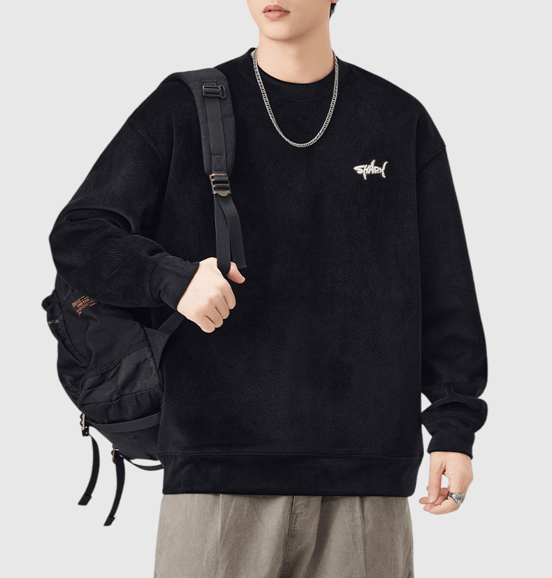 細鯊魚文字圖案刺繡設計 圓領長袖衛衣 [SBH-1328]