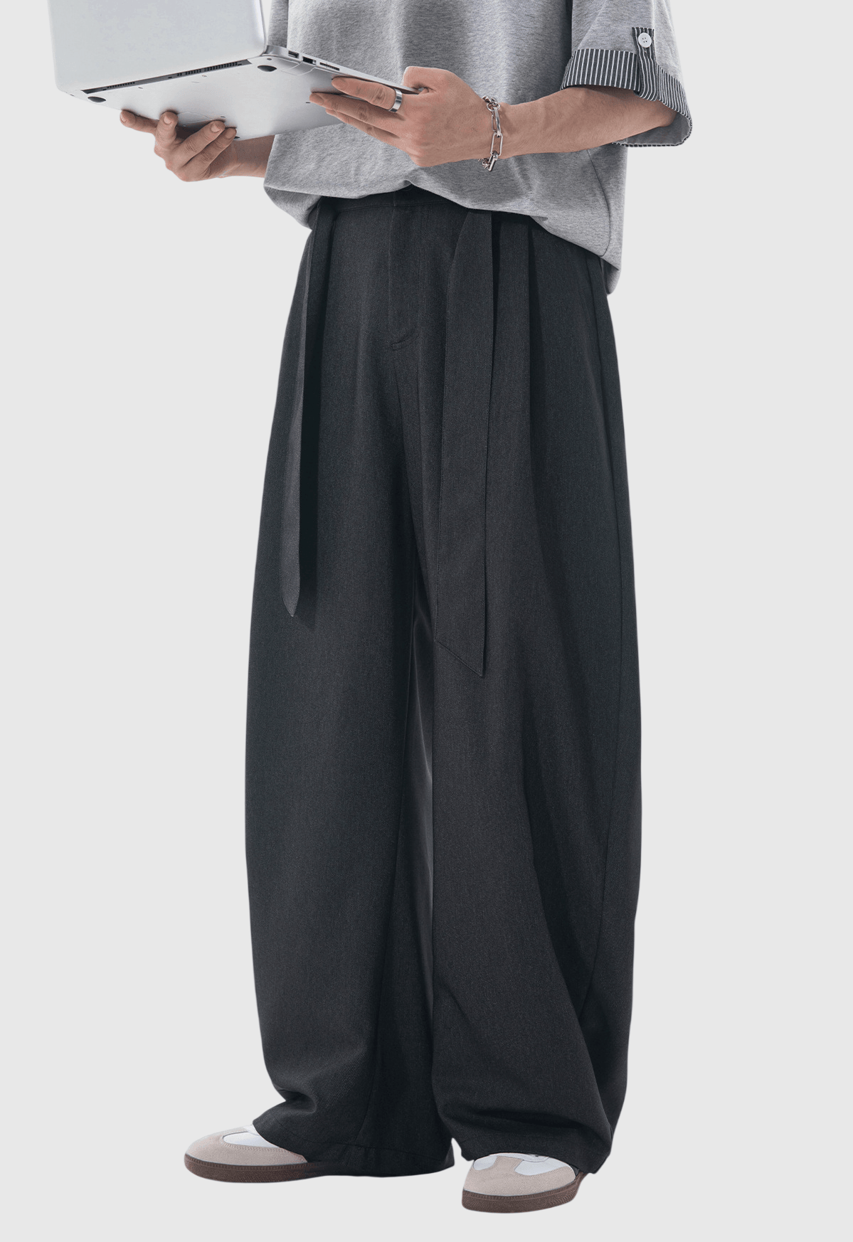 日系基礎闊腰繩設計 仿牛仔布闊腿直筒垂感長褲 [SBP-1203]