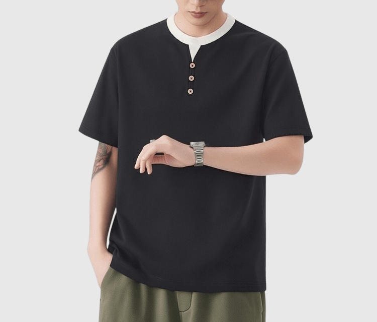 復古色系層次假兩件式鈕扣設計 短袖 T-Shirt [SBT-1569]