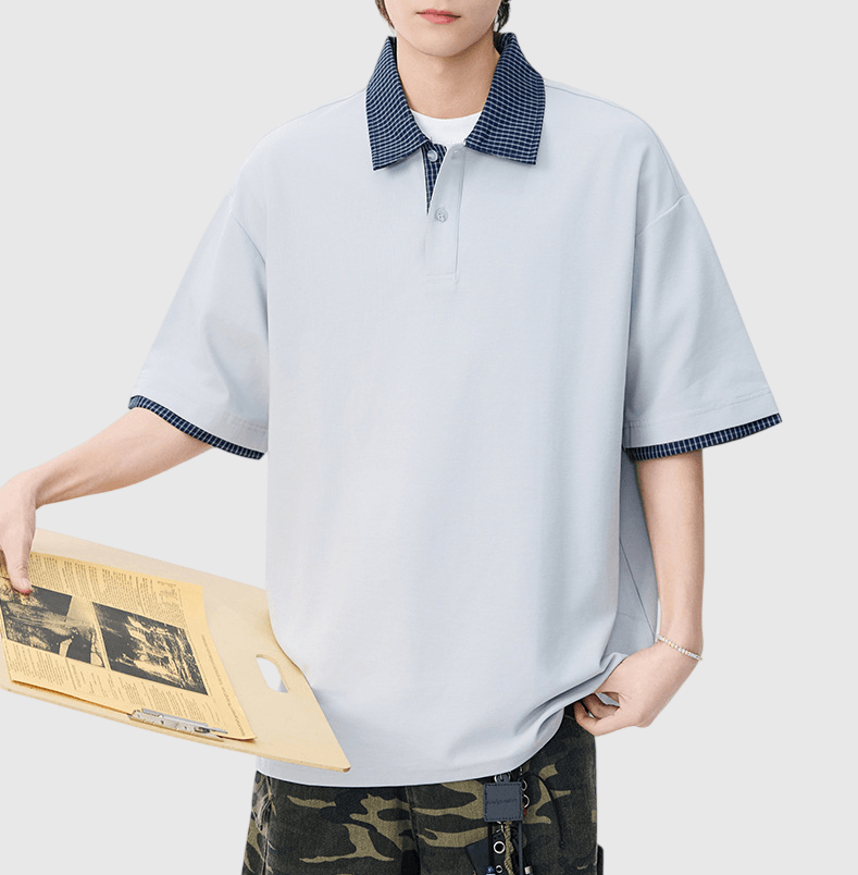 日系格紋假兩件式設計 短袖 POLO T-Shirt [SBT-1504]