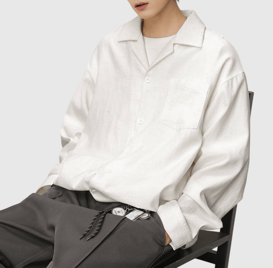 復古基礎大領口微皺紋理 麻質透氣垂感長袖恤衫 [SBS-1373]