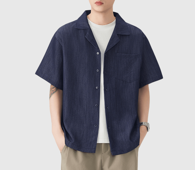 日系基礎微皺紋理 透氣垂感牛仔短袖恤衫 [SBS-1395]