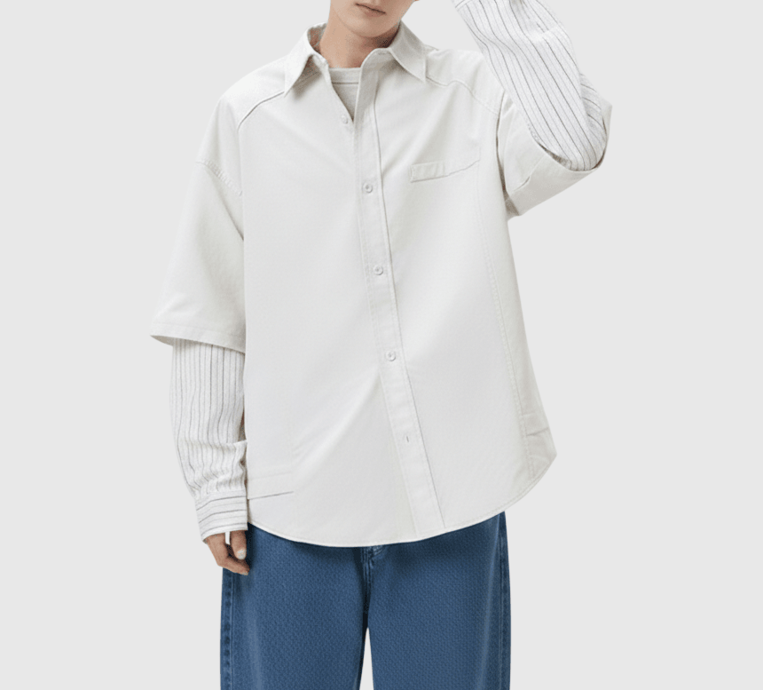 日系假兩件式恤衫手袖縫紉拼接 長袖恤衫 [SBS-1379]