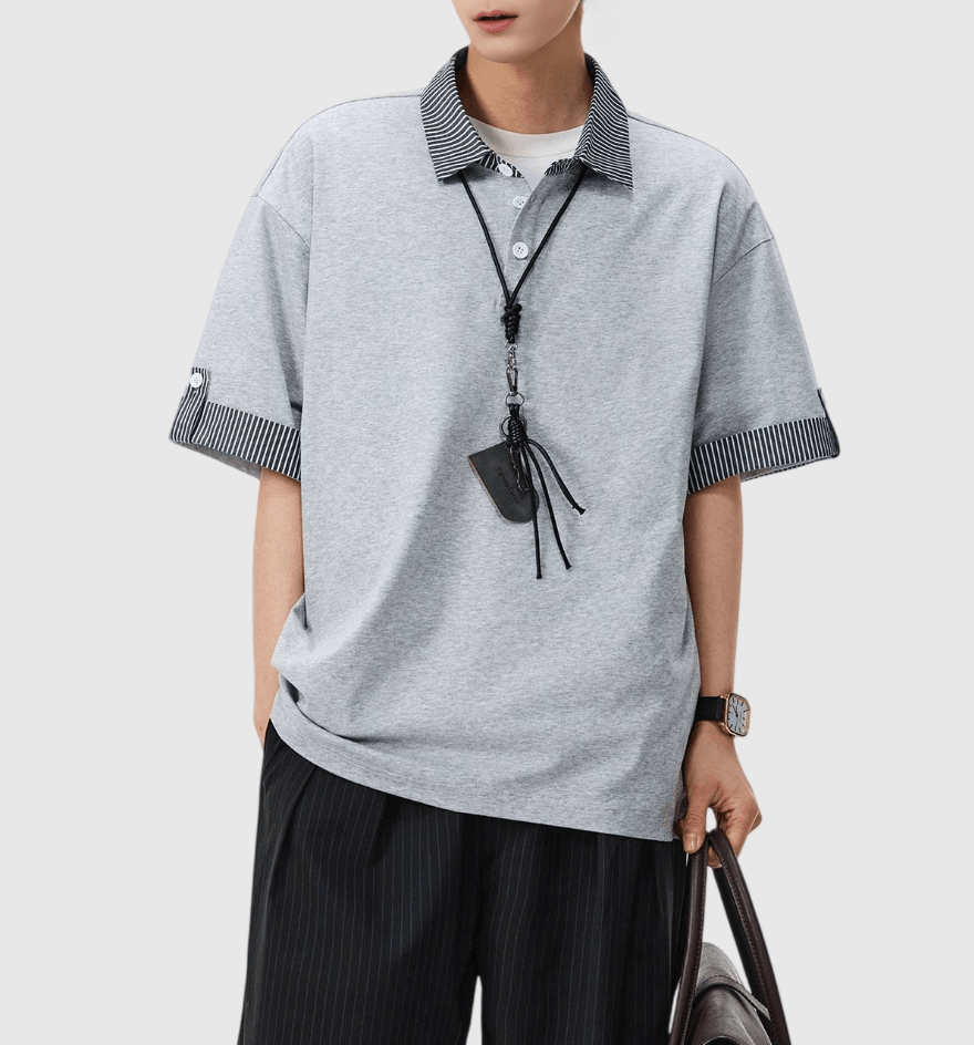 日系假兩件式條紋縫紉設計 短袖 POLO T-Shirt [SBT-1512]