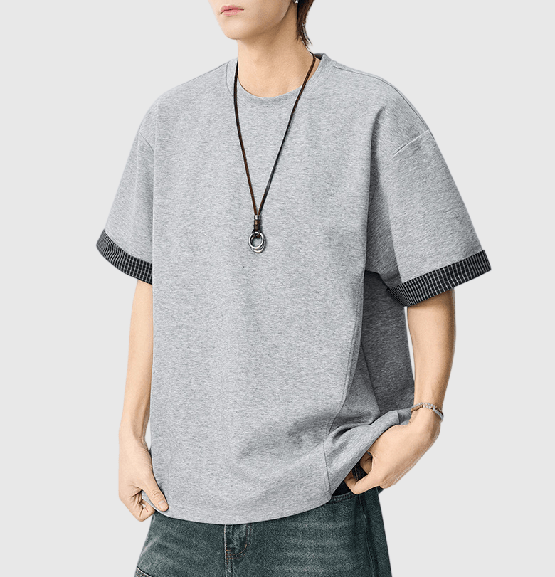 日系手袖格紋縫紉設計 短袖T-Shirt [SBT-1507]