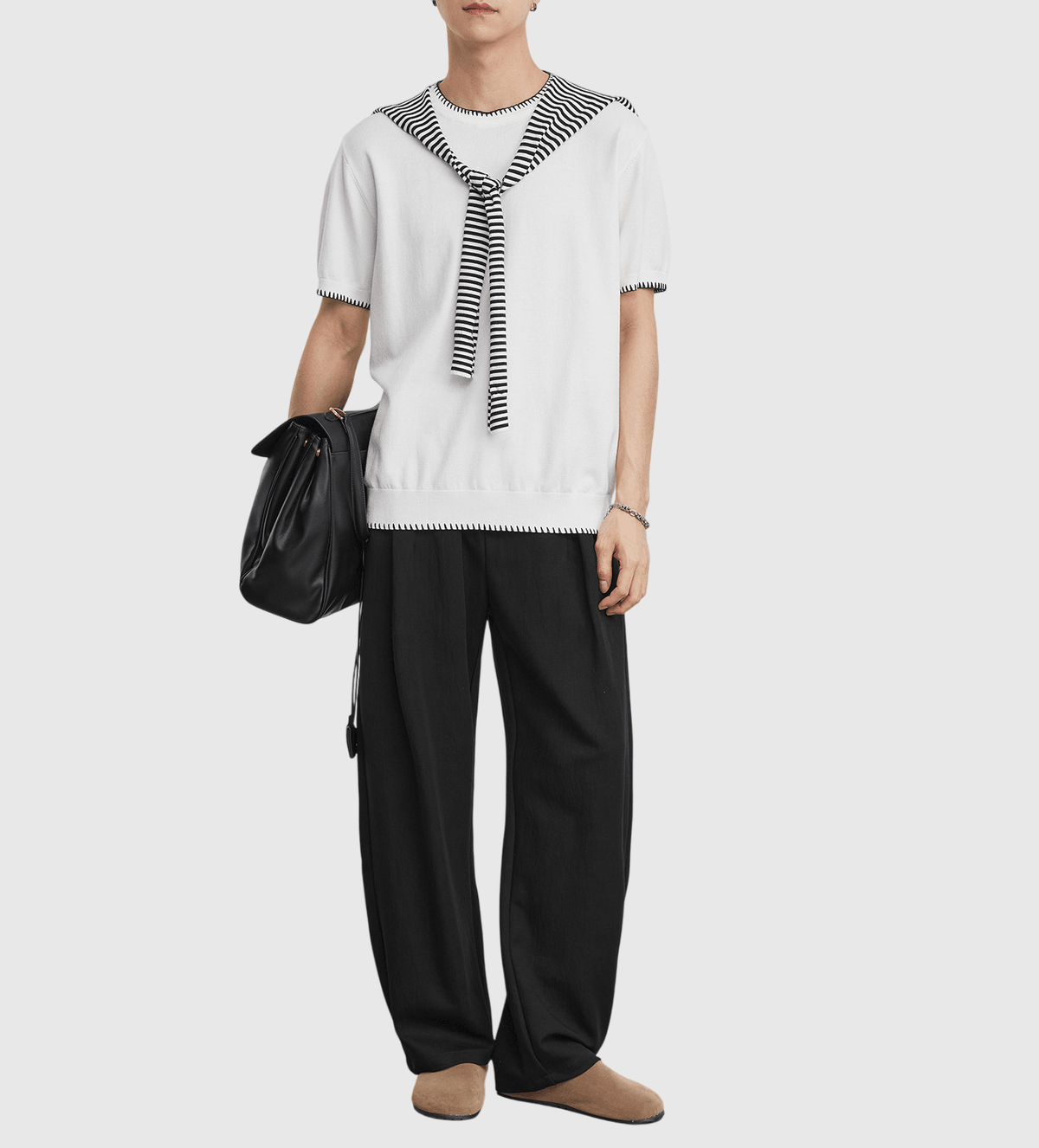 領口撞色手工縫線可拆卸披肩 短袖 T-Shirt [SBT-1553]