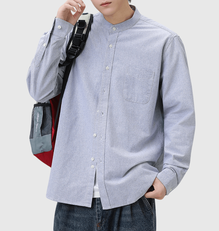 日系基礎前袋設計 純棉立領長袖恤衫 [SBS-1372]