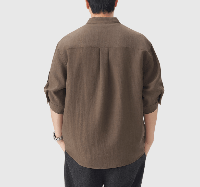 日系基礎可摺疊手袖設計 麻質半領短袖恤衫 [SBS-1396]