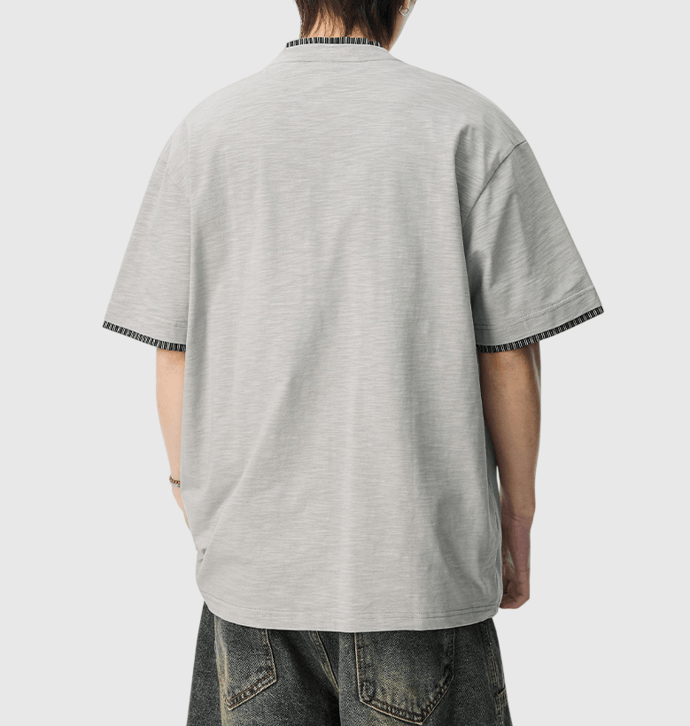 日系假兩件式條紋縫紉 亨利領純棉短袖 T-Shirt [SBT-1508]