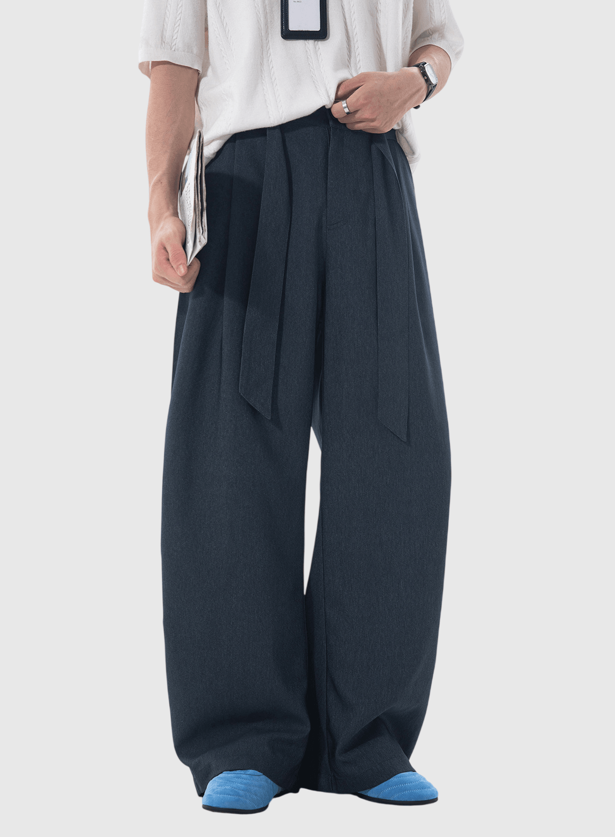 日系基礎闊腰繩設計 仿牛仔布闊腿直筒垂感長褲 [SBP-1203]