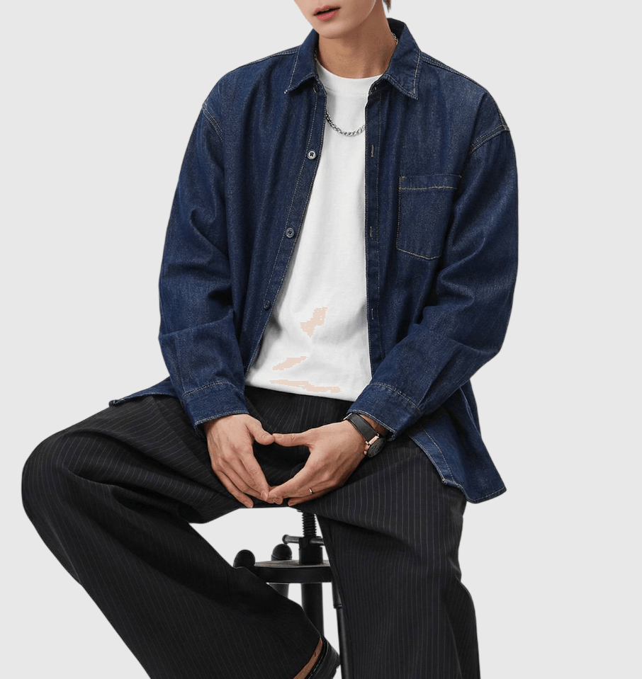 復古基礎前袋原色牛仔 純棉水洗長袖恤衫 [SBS-1346]