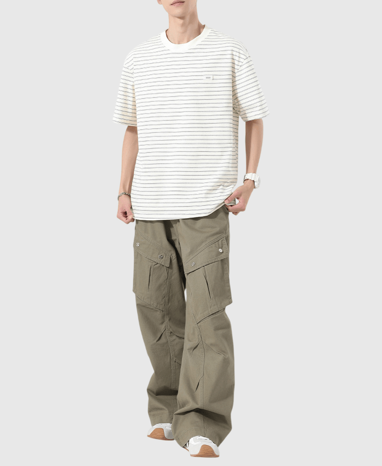 日系細標籤縫紉橫間條紋 短袖 T-Shirt [SBT-1547]