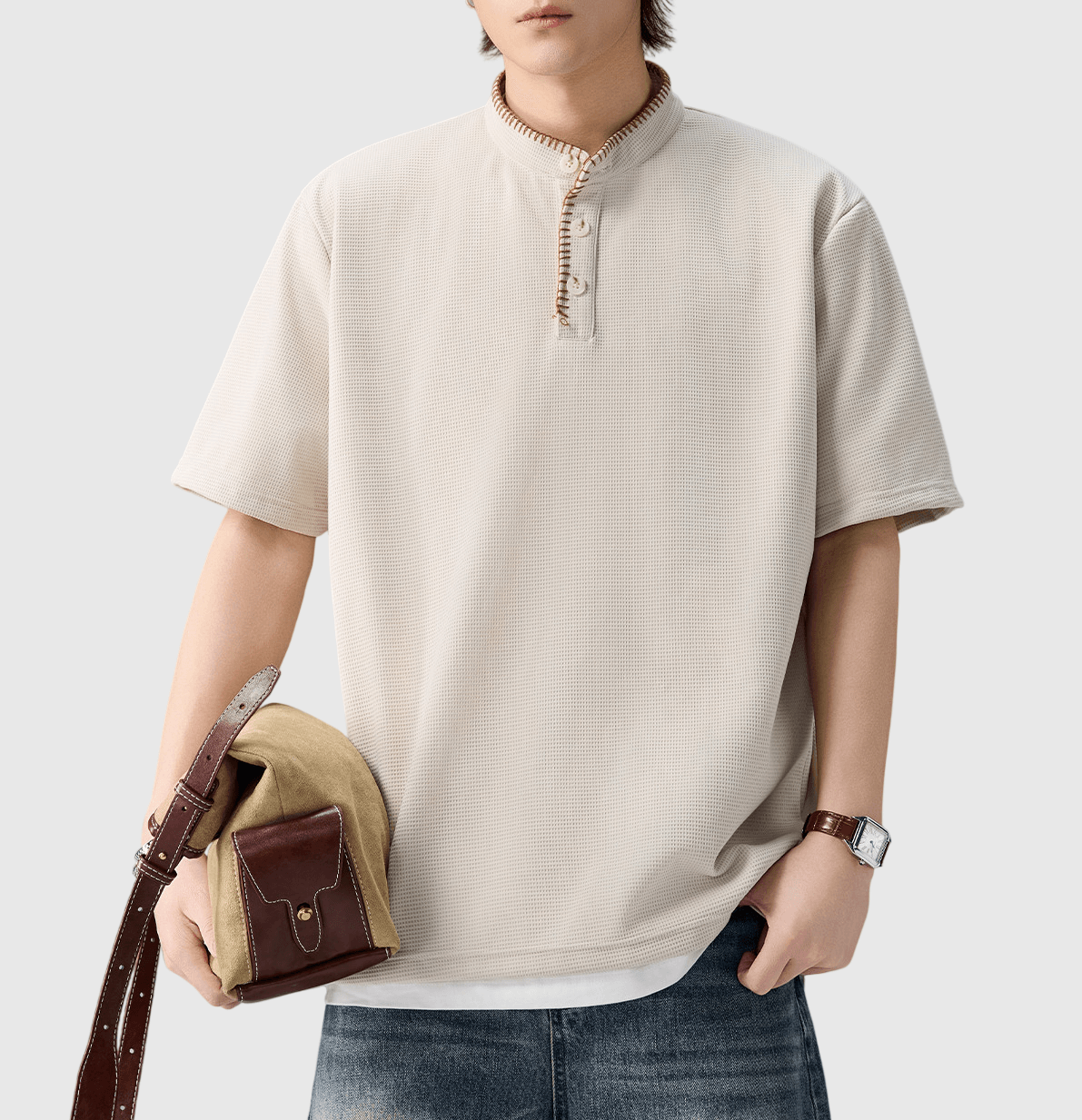 復古領口手工縫線設計 Waffle 半開領鈕扣短袖 T-Shirt [SBT-1566]