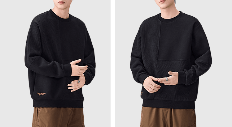 復古車縫色塊紋理拼布 圓領長袖衛衣 [SBH-1343]