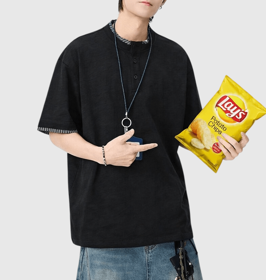 日系假兩件式條紋縫紉 亨利領純棉短袖 T-Shirt [SBT-1508]