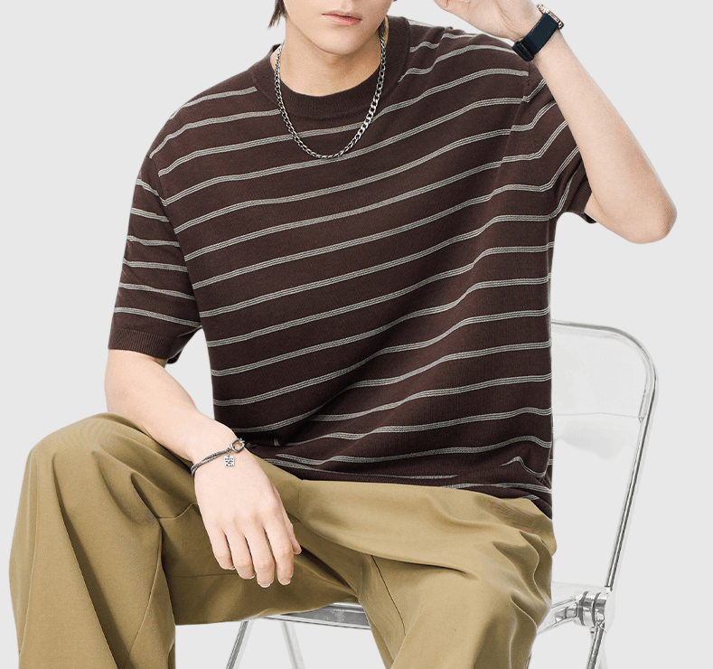 日系橫間條紋肌理紋理設計 麻質針織透氣短袖 T-Shirt [SBT-1537]