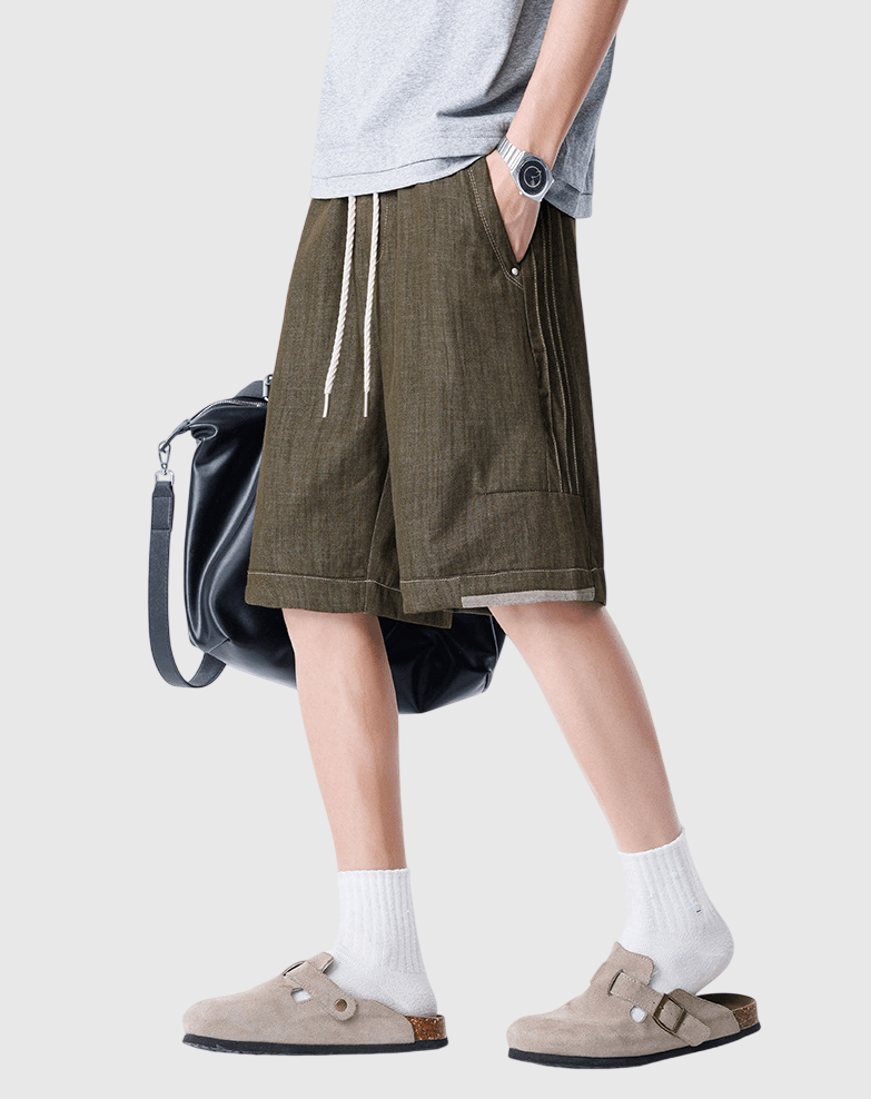 日系褲腳色系拼布設計 仿牛仔透氣短褲 [SBST-1167]