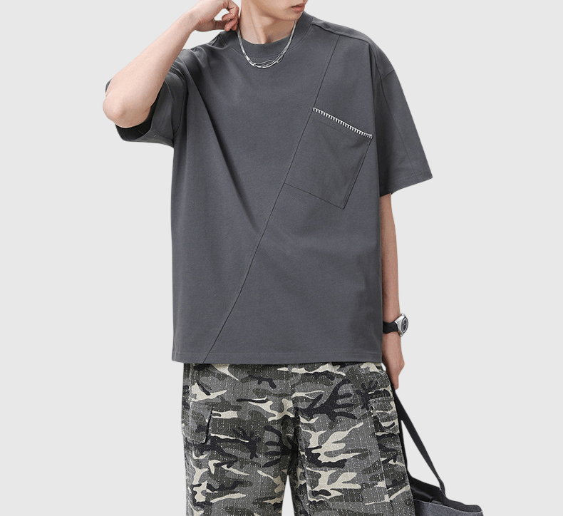 斜前袋手工縫線設計 純棉短袖 T-Shirt [SBT-1574]