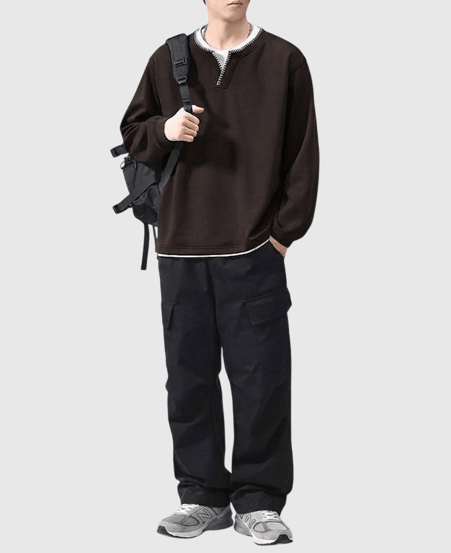 日系領口撞色手工縫線設計 假兩件式短袖 T-Shirt [SBH-1363]