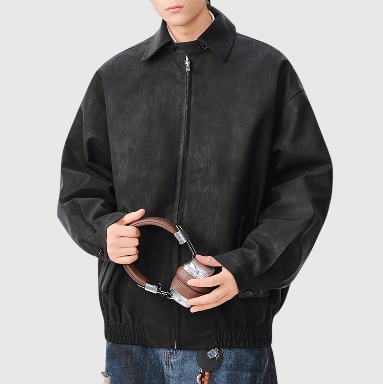 日系基礎輕水洗紮染雙側袋設計 長袖皮革外套 [SBO-1476]