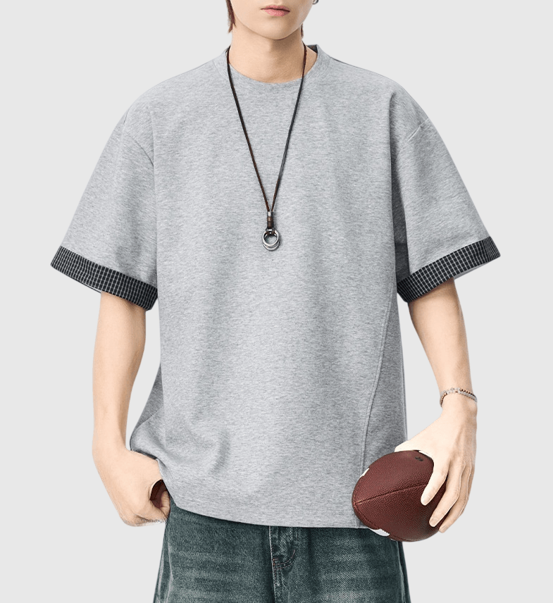 日系手袖格紋縫紉設計 短袖T-Shirt [SBT-1507]