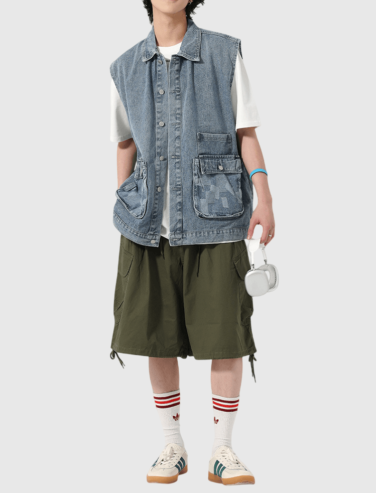 雙前袋撞色拼布縫接 背心水洗牛仔外套 [CBJ-1069]