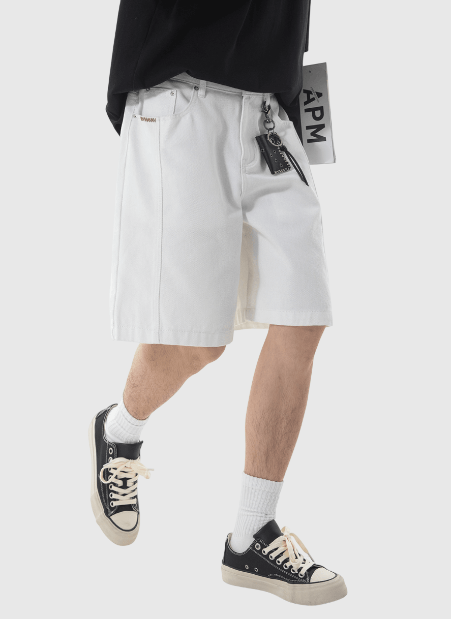 日系基礎撞色縫線刺繡設計 牛仔布短褲 [SBST-1156]