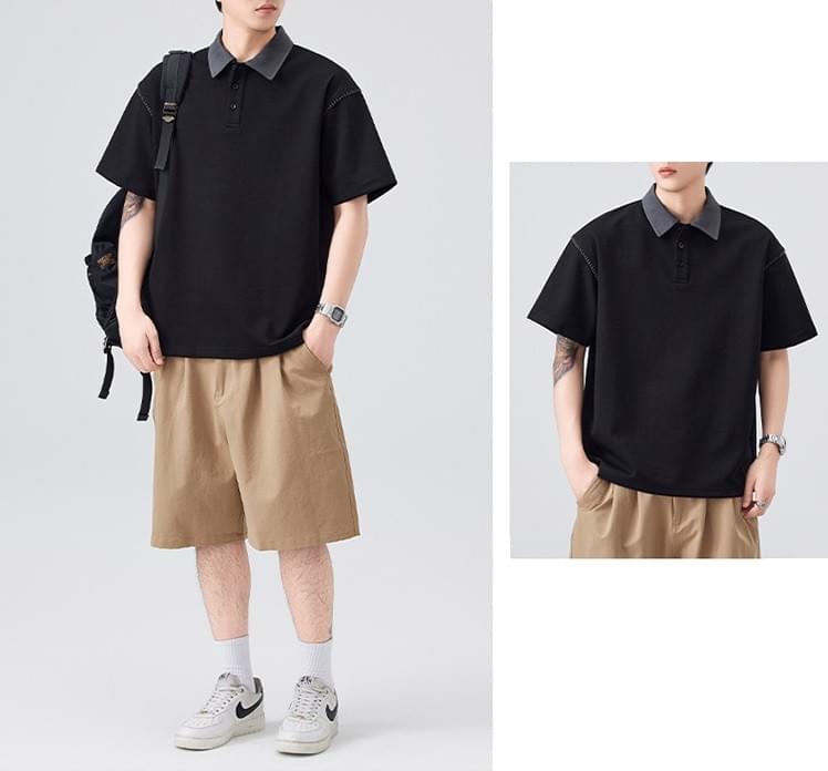 日系領口撞色手袖縫線設計 短袖 POLO T-Shirt [SBT-1419]