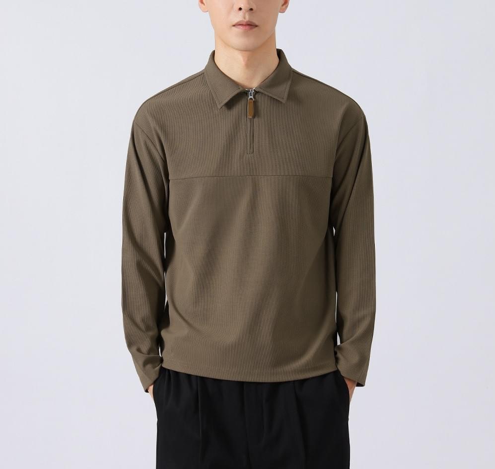 皮革撞色半拉鍊  重磅肌理紋理長袖 POLO T-Shirt [CBT-1119]