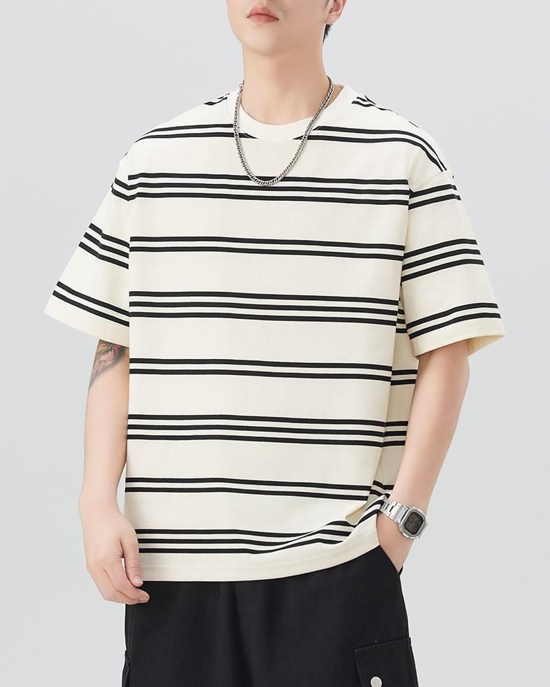 復古色織撞色條紋設計 短袖 T-Shirt [SBT-1412]