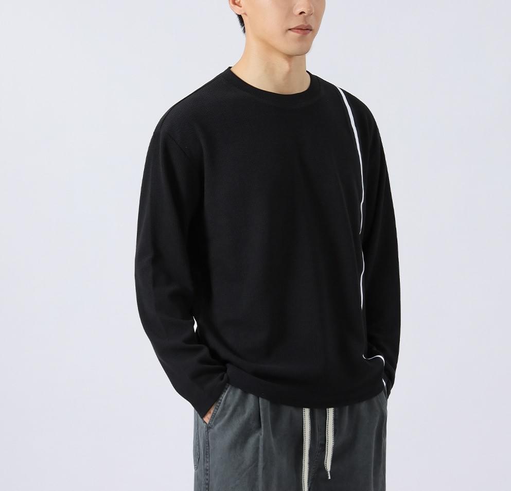 日系側身撞色縫線條紋 肌理紋理長袖 T-Shirt [CBT-1223]