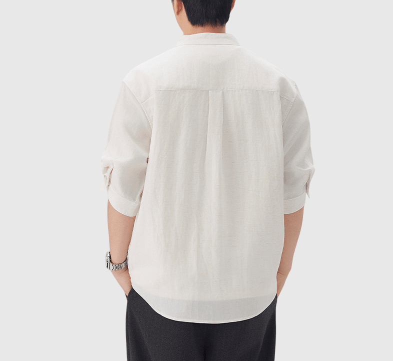 日系基礎可摺疊手袖設計 麻質半領短袖恤衫 [SBS-1396]