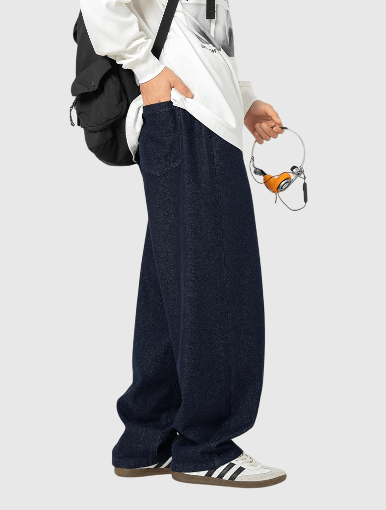 日系簡約拼色鬆緊繩設計 垂感闊腳水洗牛仔褲 [SBP-1139]