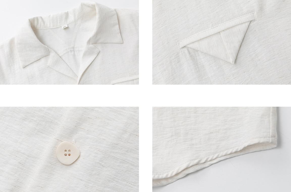復古三角縫紉前袋微皺紋理 透氣垂感麻質短袖恤衫 [SBS-1393]
