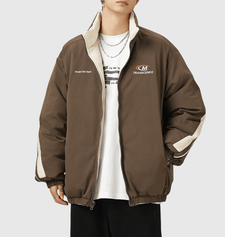 復古細文字刺繡雙面穿著撞色設計 夾棉長袖外套 [SBO-1379]