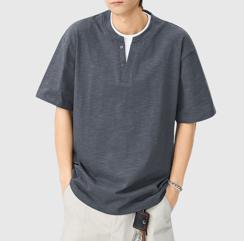 日系基礎層次假兩件式縫紉設計 亨利領天竺棉短袖 T-Shirt [SBT-1511]