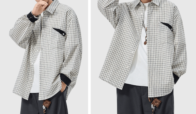 復古細格紋理前袋反向設計 長袖恤衫 [SBS-1378]