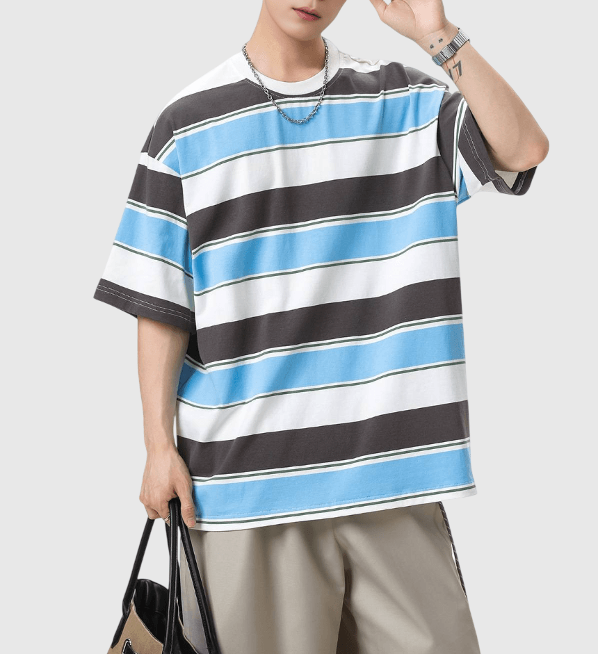 色系撞色橫間闊條紋設計 短袖 T-Shirt [SBT-1513]