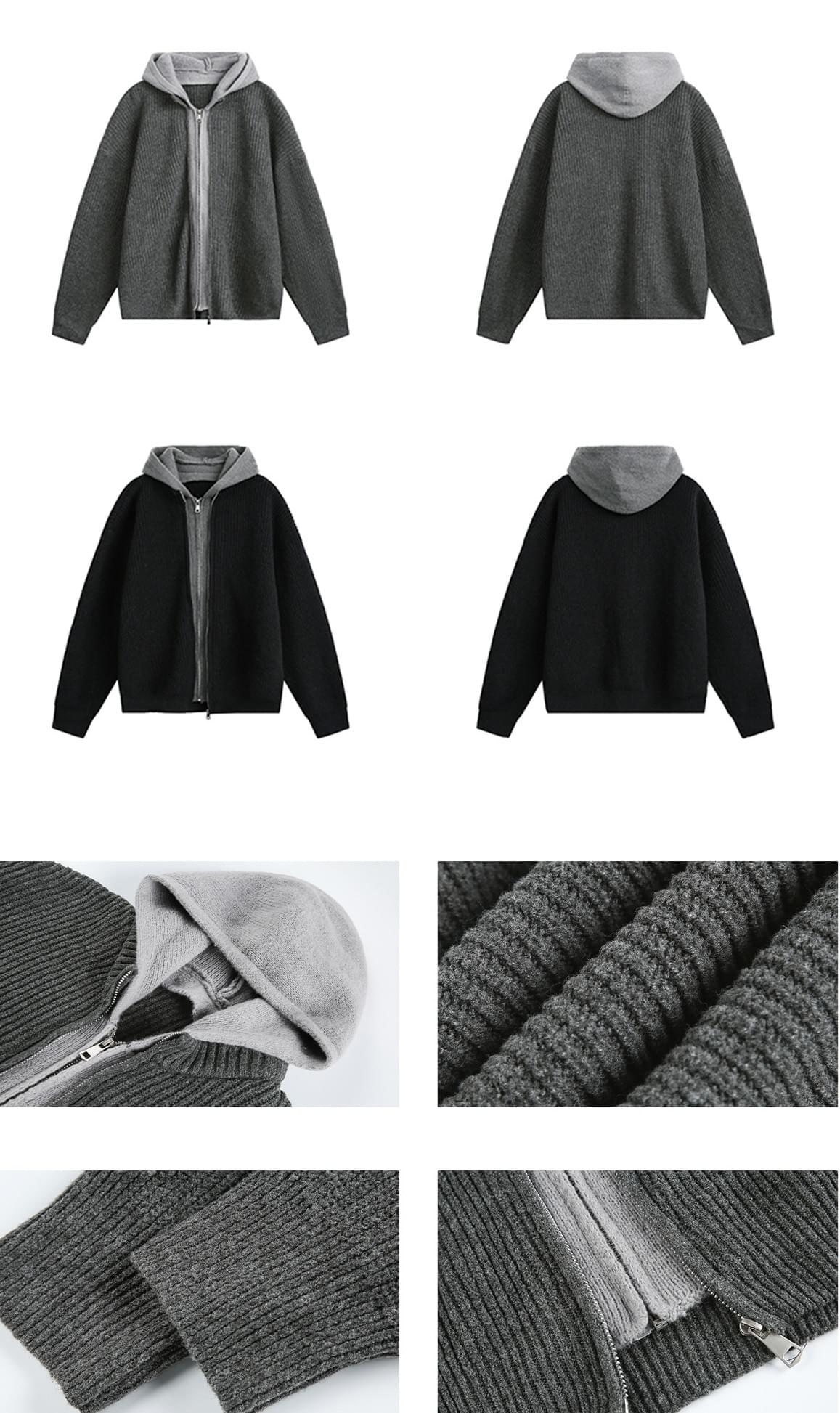 日系撞色層次假兩件式 粗線針織長袖外套 [SBO-1420]