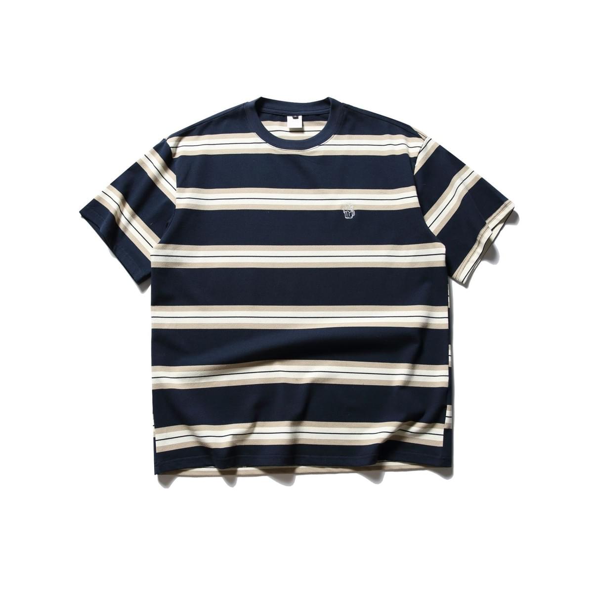復古色系撞色條紋細啤酒刺繡 短袖 T-Shirt [SBT-1448]