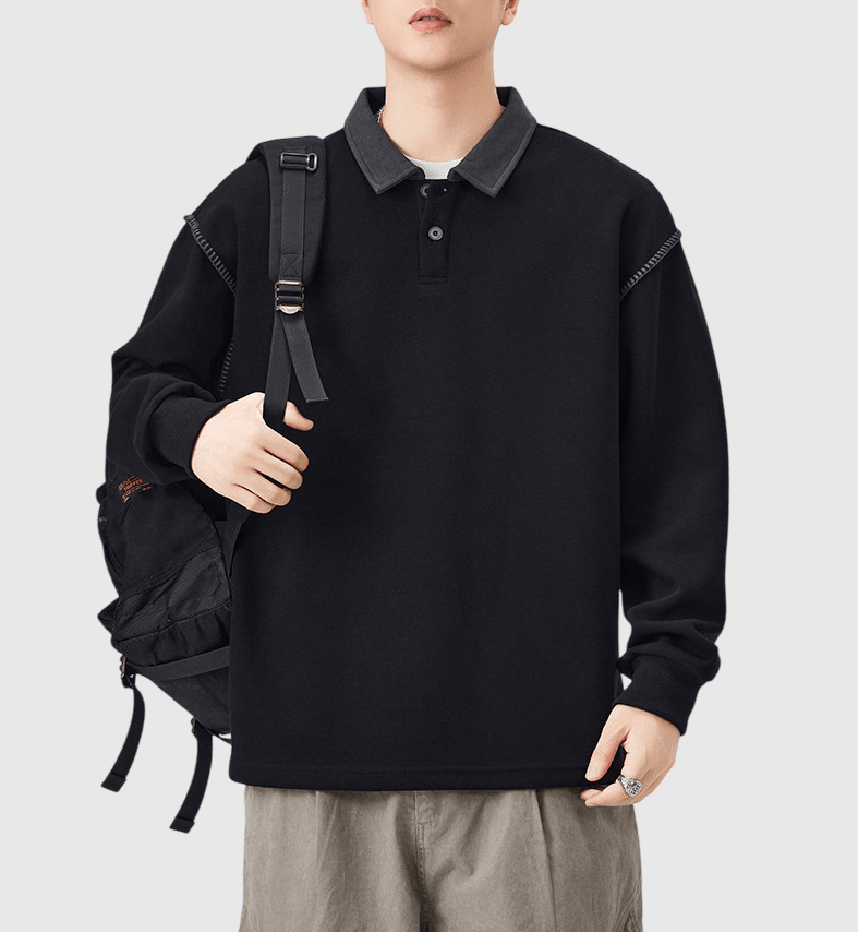 日系領口撞色手袖縫線設計 長袖 POLO T-Shirt [SBT-1469]