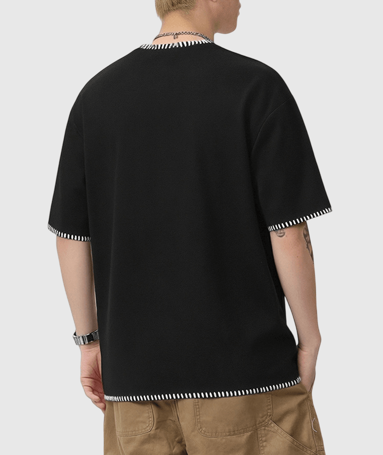 復古撞色手工縫線設計 亨利領短袖 T-Shirt [SBT-1563]