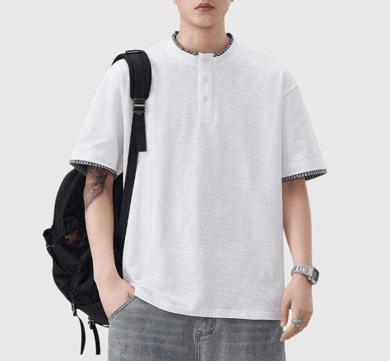 日系假兩件式條紋縫紉 亨利領純棉短袖 T-Shirt [SBT-1508]