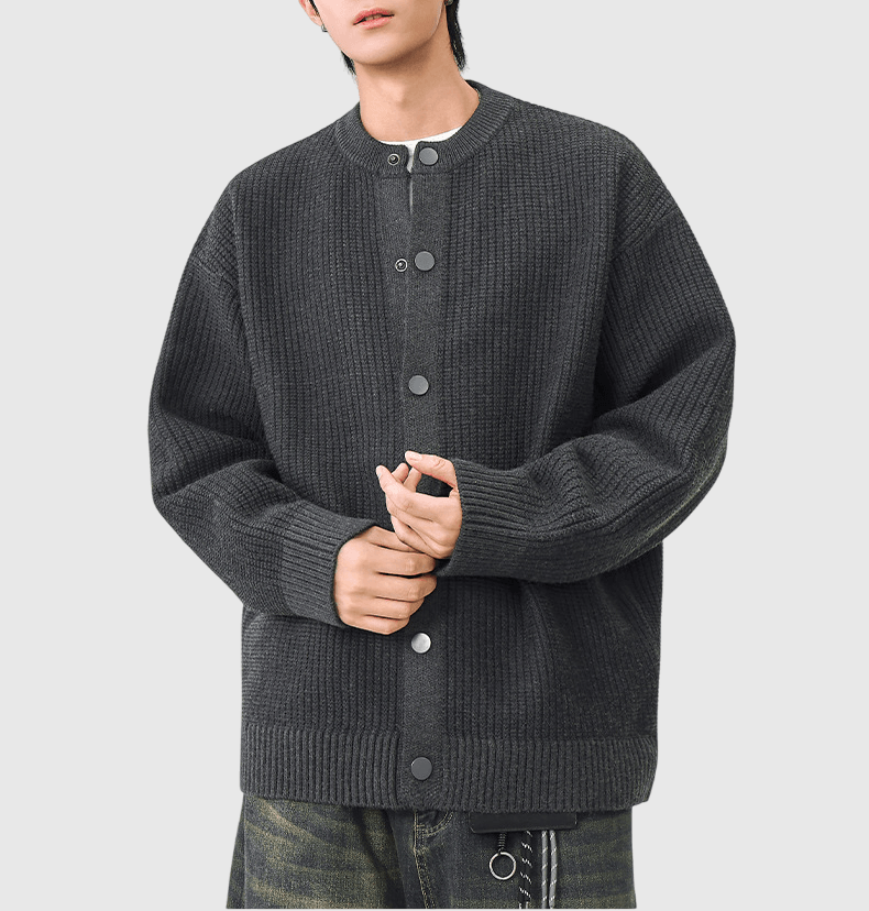 日系立體粗線紗織紋理 針織圓領開胸外套 [SBO-1462]