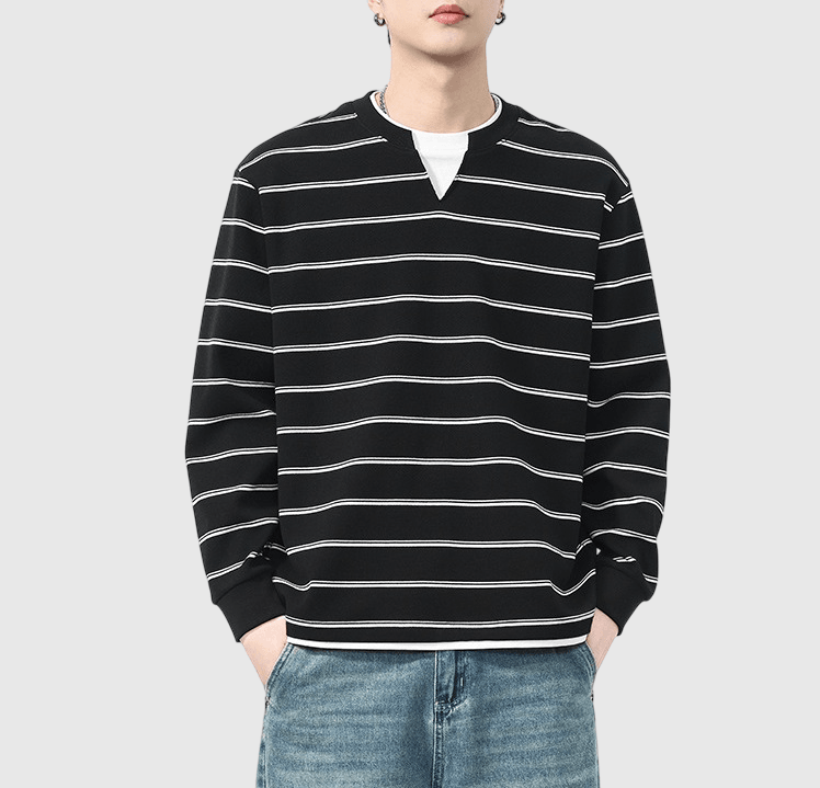 日系條紋撞色假兩件式設計 V 領長袖 T-Shirt [SBT-1462] 