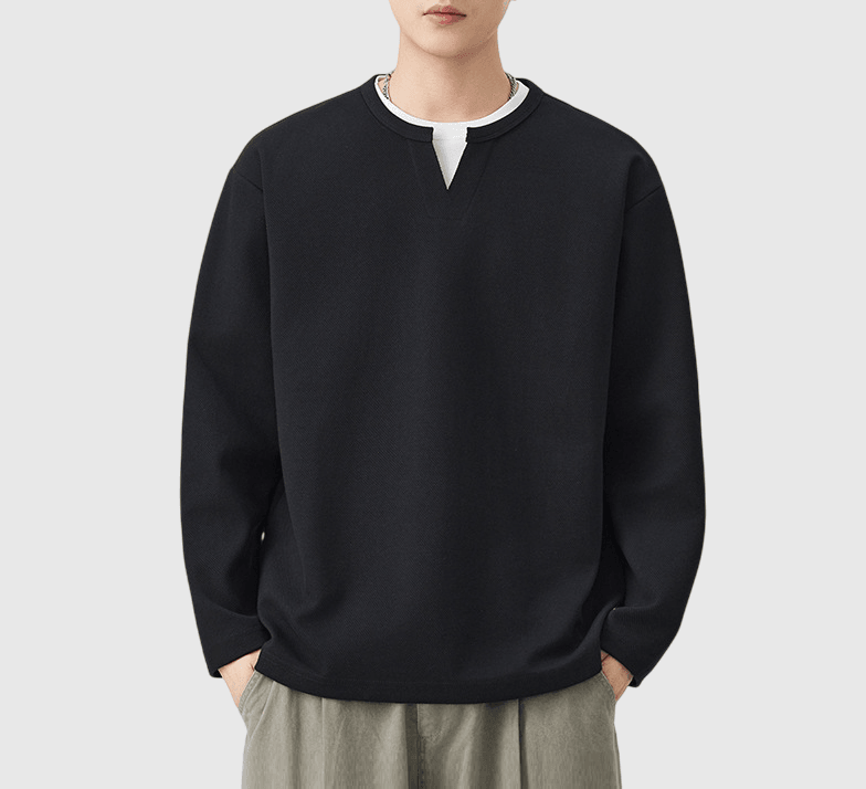 日系層次假兩件式設計 V 領重磅長袖 T-Shirt [SBT-1453] 
