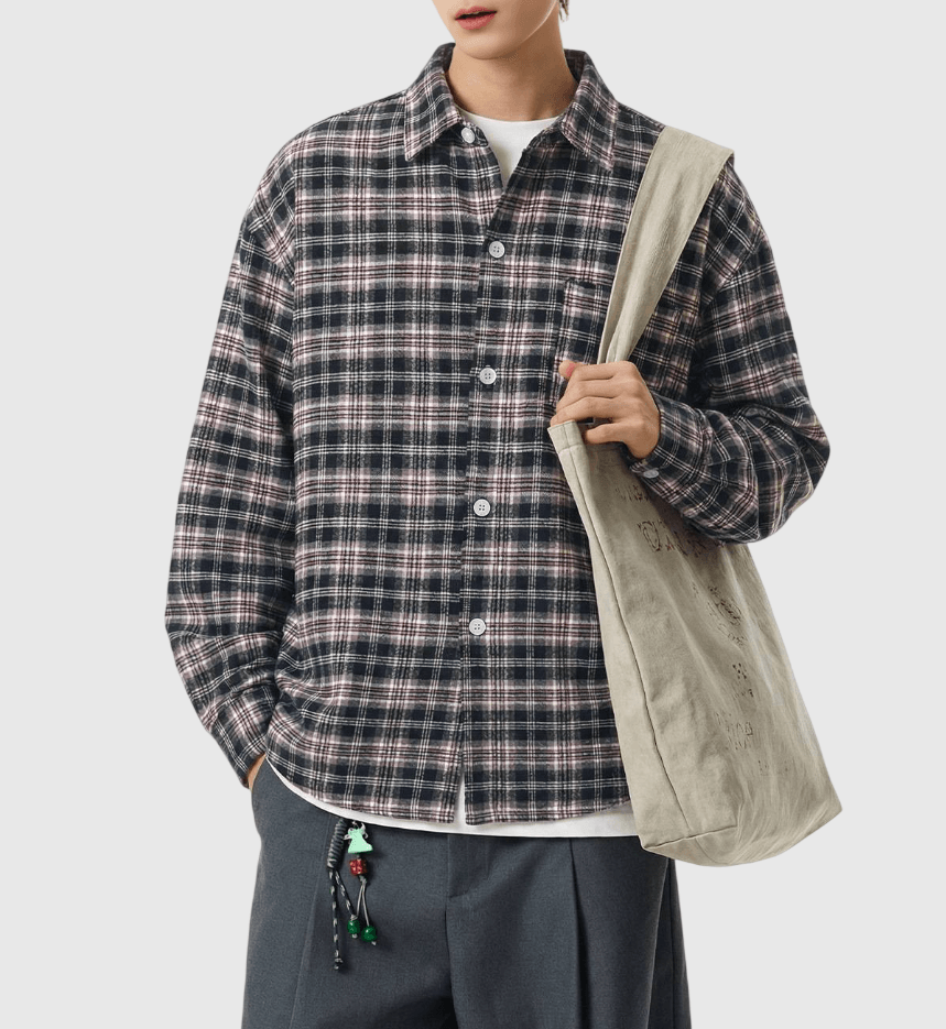 復古基礎色系撞色格仔紋理工藝 長袖恤衫 [SBS-1376]