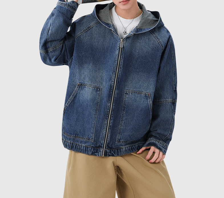 復古水洗前袋縫紉工裝 連帽牛仔外套 [CBJ-1075]