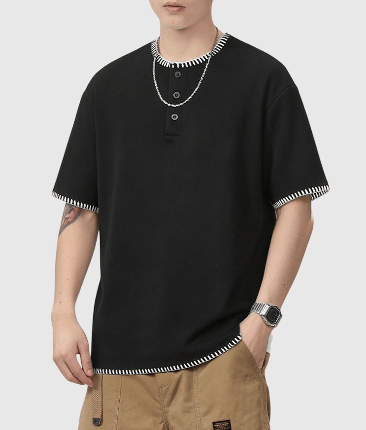 復古撞色手工縫線設計 亨利領短袖 T-Shirt [SBT-1563]