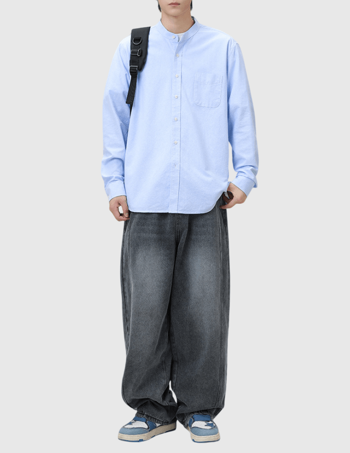 日系基礎前袋設計 純棉立領長袖恤衫 [SBS-1372]